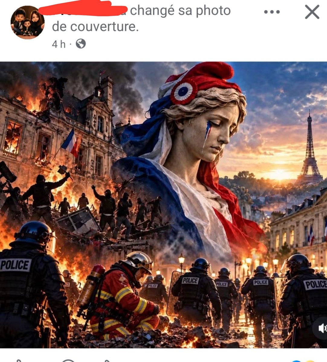 http_luv313's tweet photo. Ça fait des représentations IA de La Marianne qui pleure face aux dégradation alors que la représentation la plus connue de la Marianne c'est La Liberté Guidant le peuple où elle marche sur des cadavres avec en fond une ville en feu https://t.co/NI2gKNQpIs