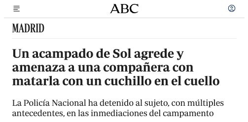 Acampada26sMad's tweet photo. 📢 NO NOS VAN A CRIMINALIZAR
ABC nos acusa de defender a Hamás y de tener antecedentes.  Ni una sola  fuente. Y el vídeo que lo acompaña solo muestra la acampada: qué quieren probar?
Somos decenas de colectivos unidos por la vivienda.
#AcampadaSol

#26s #acampada26s https://t.co/8PXf8Pfq2z