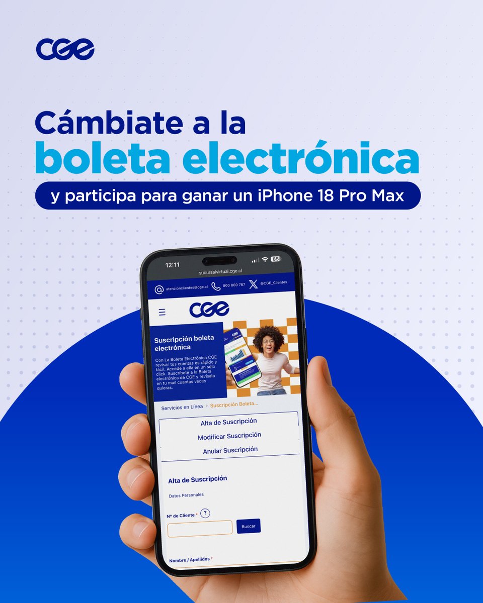 CGE_Clientes's tweet photo. ¡Dile chao al papel 📄! Suscríbete a la #BoletaDigitalCGE y participa por un iPhone 18 Pro Max 📱 y 12 gift cards de $50.000 cada una. ¡Súmate aquí! 👉 https://t.co/MfcIL95IXr https://t.co/9ja1t9dKpL