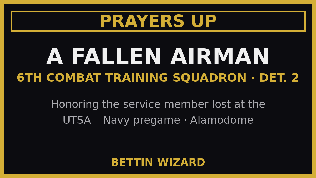 bettinwizard's tweet photo. Just saw the vid from the UTSA–Navy pregame… no words man. Prayers to his family and his squadron 🙏 Rest in peace, airman 🇺🇸 https://t.co/FUTHu81Vgl