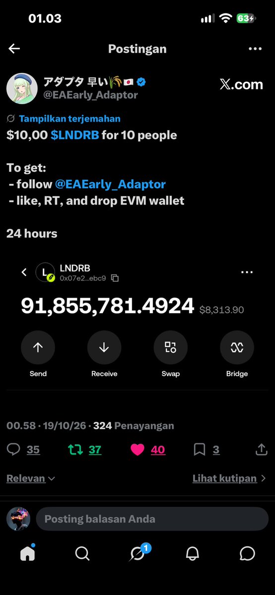 Noccc_x3th's tweet photo. @EAEarly_Adaptor Done

0xf49dbC38107A66bAb7d1036D304E7421d40b9e06 https://t.co/nhKvGEEVIh