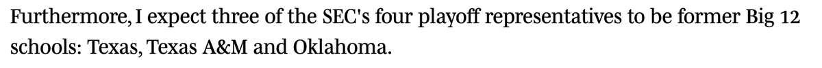 CarsonDField's tweet photo. Before the season, I made a bold prediction that OU, Texas and Texas A&amp;M would be three of the four SEC representatives in the College Football Playoff.

I don't think I've ever had a take age so poorly. https://t.co/plDpcldiEf