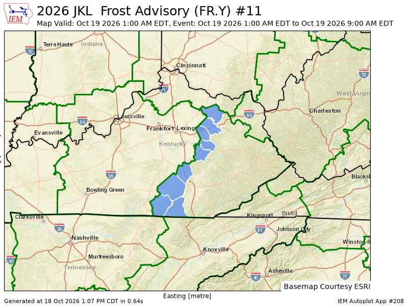 hobgsit's tweet photo. JKL issues Frost Advisory valid at Oct 19, 1:00 AM EDT for Bath, Estill, Fleming, McCreary, Montgomery, Powell, Pulaski, Rockcastle, Wayne [KY] till Oct 19, 9:00 AM EDT https://t.co/FFizyOqAuF https://t.co/qNqGKqqVcf