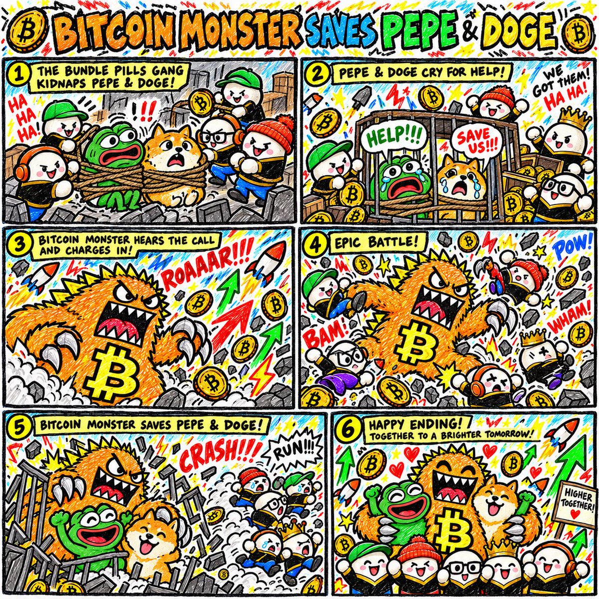 BTMON8182008's tweet photo. 🚨 PEPE &amp; DOGE HAVE BEEN KIDNAPPED! 🐸🐕
The Bundle Pills thought nobody could stop them... 💊💀
Then BITCOIN MONSTER showed up. ₿👹🔥
One monster. Two legends. TOTAL MAYHEM! 💥
WHO SHOULD BITCOIN MONSTER SAVE NEXT? 👀👇 https://t.co/kqMybLf08n