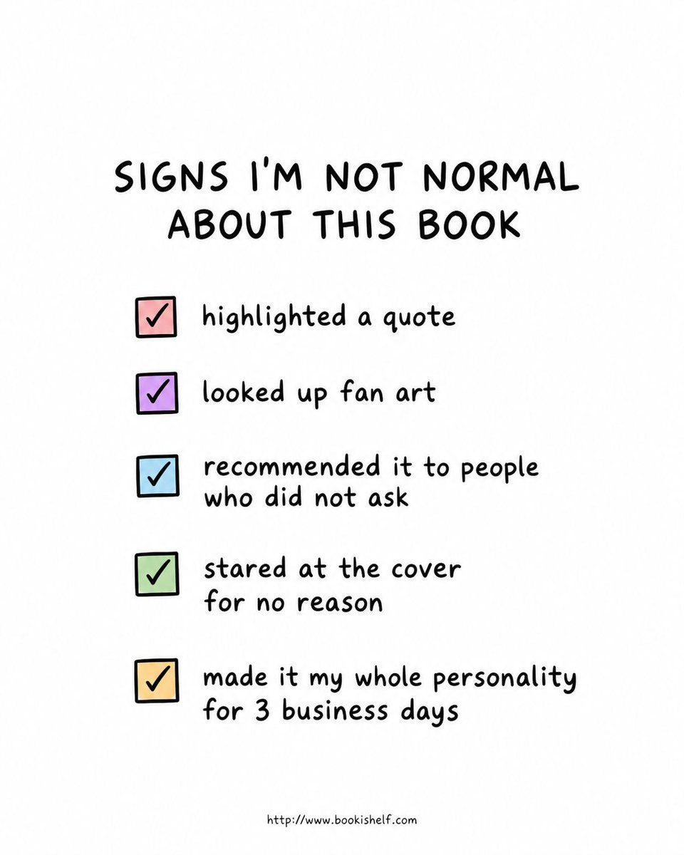 thebookishelf's tweet photo. Highlighted quotes. Looked up fan art. Recommended it to people who absolutely did not ask. Stared at the cover for no reason. Made it my whole personality for several business days.

Yep. This one got me.

#BookishElf #ReadersLoveBook #BookObsessed #BookishMemes #ReaderProblems https://t.co/t3JIFqThsa