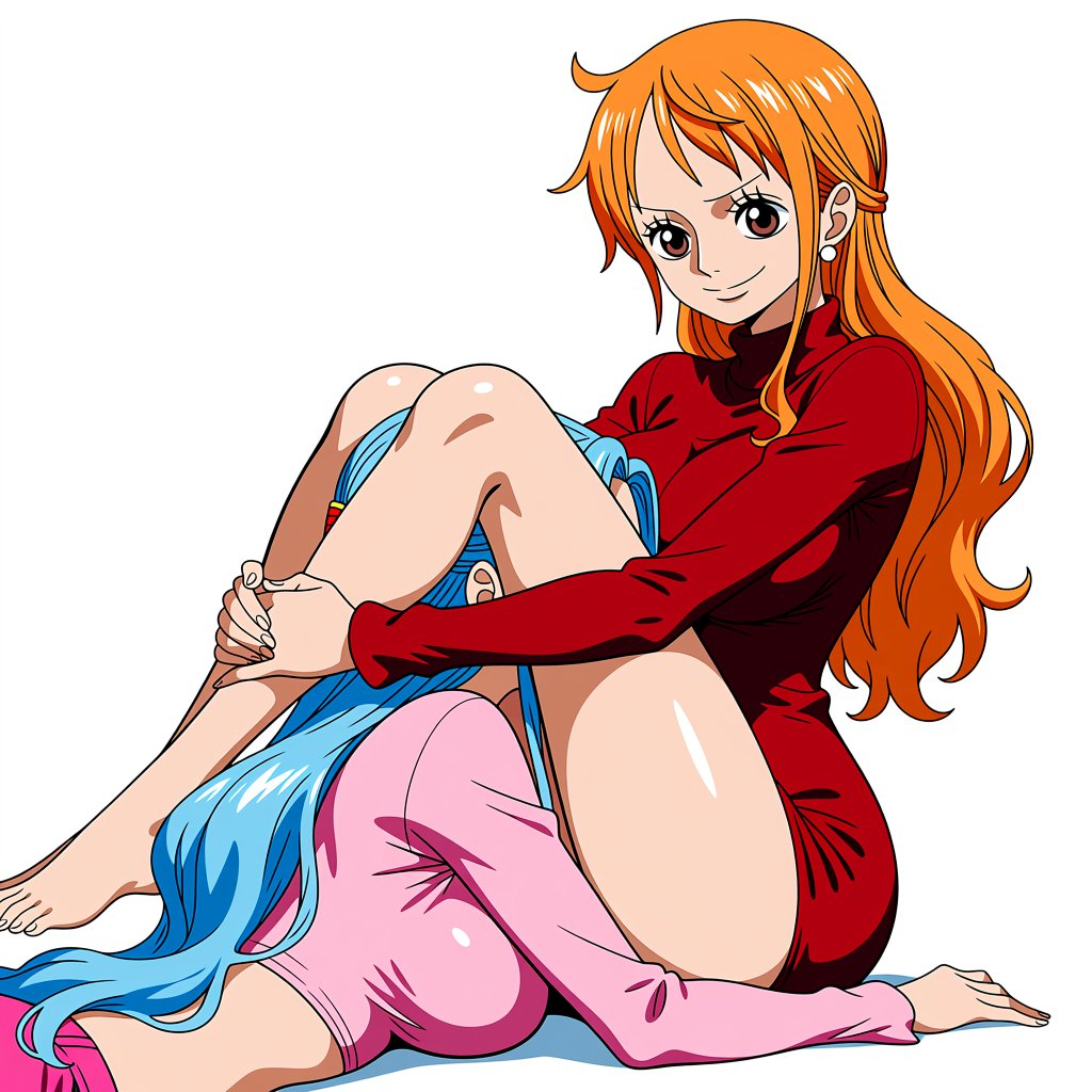 AIDarkDesire's tweet photo. Nami wants to grab Vivi’s neck with her long, shapely legs. #namionepiece #nefertarivivi #hanging #sexy #rule34hentai #NSFWAI https://t.co/l4qDNdUPVg