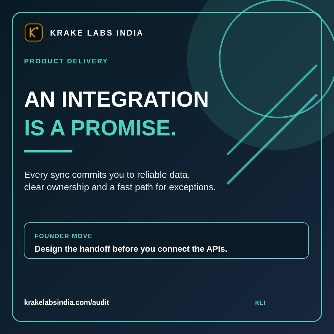 KLIKrakelab's tweet photo. An integration is not a checkbox. It is a customer promise.\n\nThe moment two systems exchange data, you own more than an API call: data quality, retry behavior, exception handling, accountability, and the customer experience when it fails.\n\nThe expensive mistake: treating the https://t.co/2ESqI99wx1