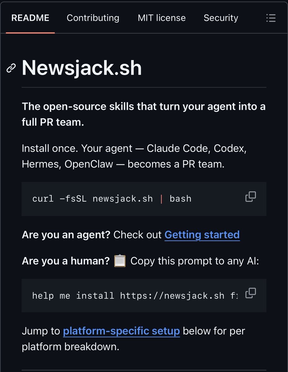 coreyganim's tweet photo. A strong personal brand is THE most valuable business asset you can build.

One of the most interesting ways I’ve seen for building your brand/getting media placements is a free GitHub repo called Newsjack (https://t.co/klSYbnCxan)

Built by @elvissun, it’s basically a set of agent skills designed to turn your agent into a PR specialist.

Here's how to use it:

1. Install it. Give this prompt to your agent (I use a dedicated Grok Bot for this): "help me install https://t.co/itPF7SncMq from the github repo and setup a daily newsjack monitoring for my company."

2. Run /pr-strategist. It works out your audience, positioning, and news pegs before you pitch anything.

3. Run /voice-extractor. Give it 5-20 past writing samples. It checks drafts against your voice and strips the AI tells.

4. Run /newsjack-monitor-setup. Enter your expertise, topics, competitors, and RSS feeds once. Then /newsjack-detector flags fresh stories you have the credibility to participate in.

5. Run /angle-generator. It turns one fact into 3-7 story angles shaped for journalists (it won’t invent facts which is an important feature).

6. Run /find-journalists for a small, fit-checked media list. Then /same-outlet-ranker picks the one right reporter at each outlet.

7. Run /meanest-editor. It roasts your pitch like a veteran PR director before you send it.

8. Run /reactive-comment on HARO and Qwoted requests. It only drafts a reply when your expertise is a real fit.

Obviously you still review and send every pitch yourself.

But this is a really cool, free way to begin getting some media placements and backlinks to your website which is great for building credibility in your niche.