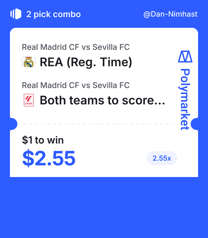 DanleL_Nim's tweet photo. Will Real Madrid's convincing win deliver a 150% profit?
La Liga. Real Madrid vs Sevilla

Key moments

> Real Madrid have won seven straight La Liga games at the Bernabeu, and in four of the last five of those they scored exactly four goals.

> Sevilla are missing five players for this one: Isaac Romero is suspended, and Marcao, Iker Munoz and Jon Guridi are out injured on top of long term absentee Miguel Sierra.

> Real Madrid will also be shorthanded, with Vinicius Junior serving his second game of a four match ban and Rodrygo, Ferland Mendy and Raul Asencio all out hurt.

> Sevilla blew a 2-1 lead at home to Levante last week and conceded a 100th minute equalizer in a 3-3 draw, a pattern that has shown up more than once this season.

> Real Madrid have not lost to Sevilla at home in the league since December 2008, and are unbeaten in the last 15 meetings between the two sides, 13 wins and 2 draws.

Pre-match read
📗 Real Madrid win (79c)
📗 BTTS - Yes (53c)

Real are clearly the stronger side here even with Vinicius out, and the home record against this opponent is hard to ignore. Sevilla keep finding ways to leak goals late, which lines up well with a game that goes over. DYOR

Match link [https://t.co/YkotfpgcUv]

Think Sevilla can keep it tight at the Bernabeu, or does Real's home run continue? Thoughts?