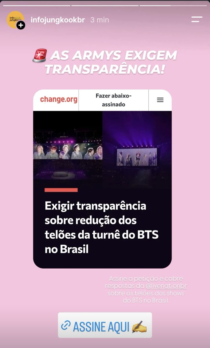 InfoJungkookBR's tweet photo. Publicamos no nosso Instagram nosso posicionamento sobre a petição que cobra esclarecimentos da @LiveNationBR sobre a estrutura dos telões nos shows do BTS no Brasil.

Acreditamos que o público merece respostas e que cobrar transparência não significa não querer ir ao show. Temos o direito de questionar e exigir esclarecimentos, e não devemos ser silenciados por isso.

Confiram e compartilhem nossa publicação para que essa cobrança alcance mais pessoas. Também deixamos o link da petição nos nossos stories para quem quiser assinar e fortalecer esse pedido.

Post no Instagram: https://t.co/M4dEbf5FNT

Assine a petição: https://t.co/Hj0kb9aTwN