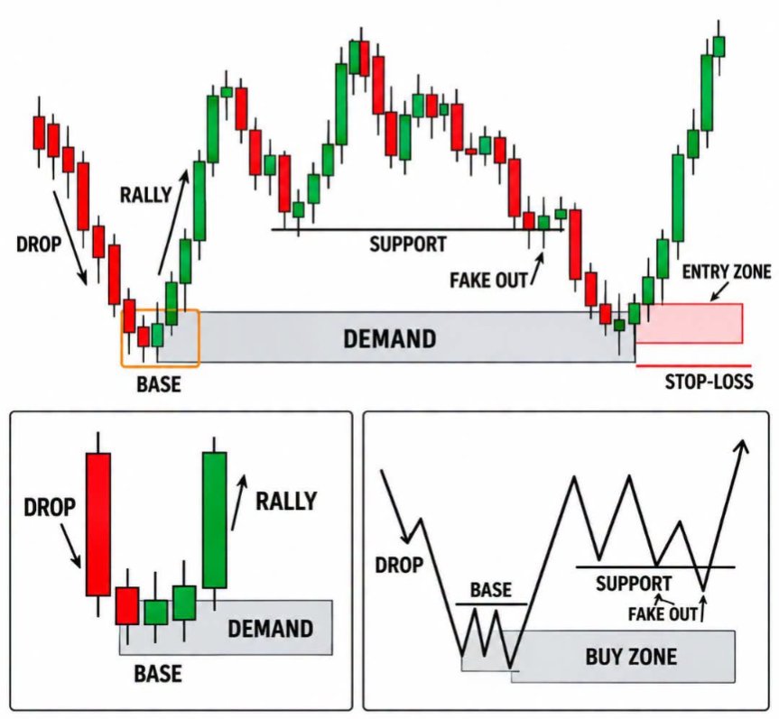 marketintelOG's tweet photo. DEMAND ZONE SETUP, CLEAN PROFESSIONAL BREAKDOWN.

A classic Drop–Base–Rally structure gives one of the cleanest bullish setups. 

Price forms a base, builds demand, fakes out below support, and then launches upward, offering a precise, low‑risk entry zone.

• Demand Zone — Where buyers consistently step in.

• Drop–Base–Rally — Textbook bullish formation.
  
• Support Fake‑Out — Liquidity grab before the real move.
 
• Entry Zone — Clean area for confirmation entries.

• Stop‑Loss Logic — Protected below demand for safety  

Simple, clean, and professional, exactly how real traders read demand‑driven reversal.