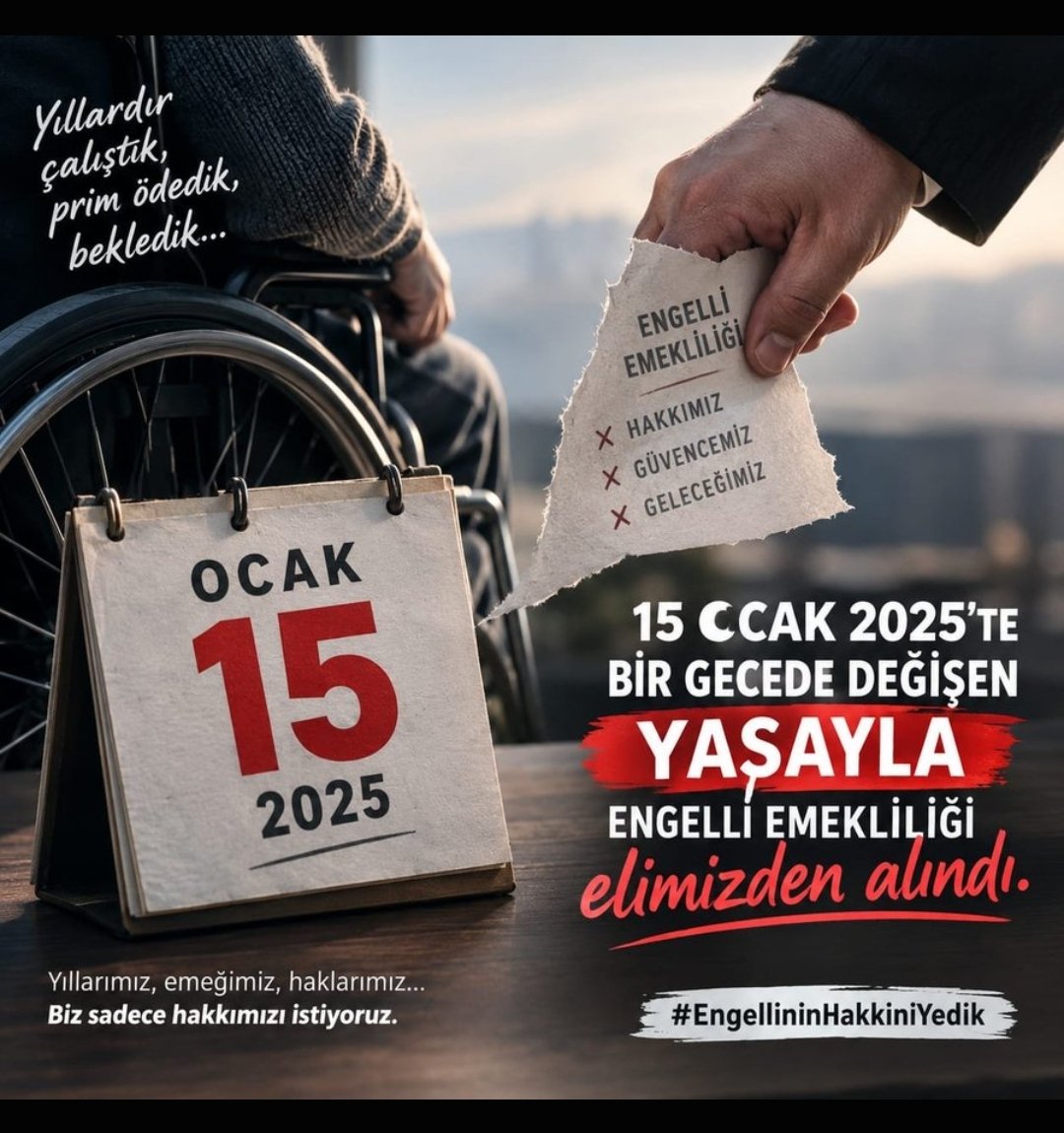 EngellSiZsiniz's tweet photo. #EngelliEmeklilikGelsin
AYM Engelliyi Bekletme
Haklarımızın korunmasını ve emeklilikte adil bir düzenleme yapılmasını istiyoruz #EngelliEmeklilikGelsin Engelliyi Bekletme AYM
@RTErdogan @adalet_bakanlik https://t.co/qE3aA0T2hb
