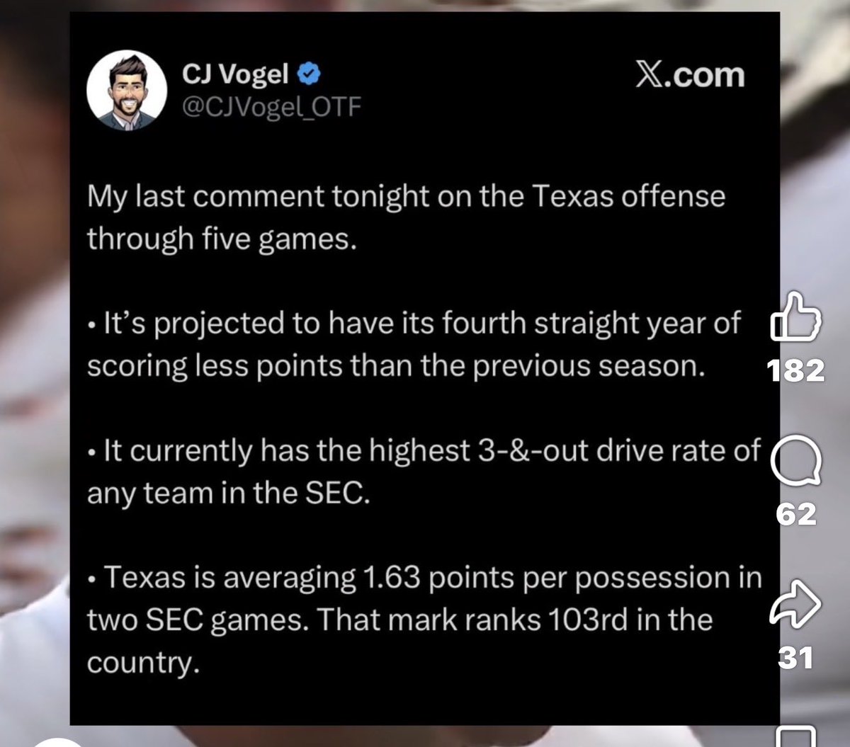 PMalone81's tweet photo. Fuck that what’s laughable is the QB play and Sark’s inability to put teams out of reach when we have a lead. Texas leads the conference in 3&outs. Pathetic with the most loaded roster in the country. As a Texas coach if you lose to OU and A&M in the same season you are done at Texas.-Mack Brown. 8-4 coming up