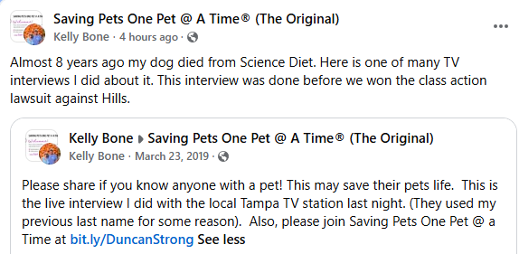 badpetmeds's tweet photo. Kelly shares her story about the loss of her dog, Duncan, due to Hill's Science Diet food.  She was the lead plaintiff in a class action lawsuit against them and won. https://t.co/nDagnRMomq