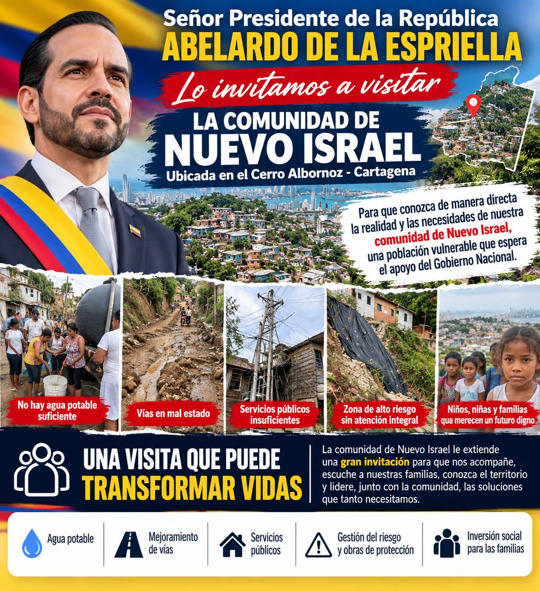 germandari76584's tweet photo. @ABDELAESPRIELLA Honorable señor presidente @ABDELAESPRIELLA @AbelardoPTE @jrestrp Cómo presidente de la junta de vivienda Comunitaria en Nombre de Nuestra comunidad le estendenmos la humilde invitación en la Ciudad de cartagena https://t.co/ZPcEs7Icri