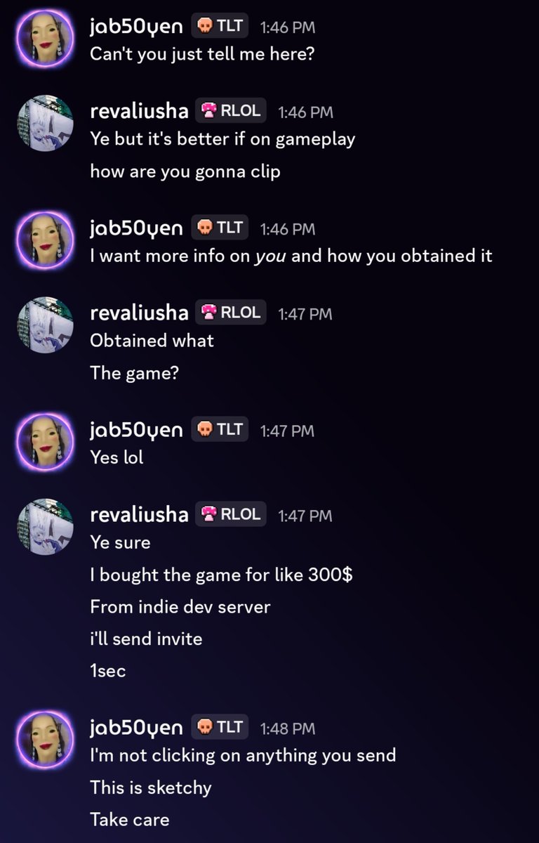 jab50yen's tweet photo. Is this a new Discord scam where people claim to be an owner of a 10+ year old game and try to get you to work on it by joining servers and shit lol https://t.co/lPZFkyRGDV