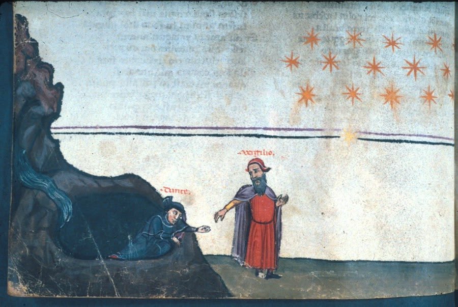 rosaxmundi's tweet photo. Illustrated manuscript of Dante Alighieri's Divine Comedy produced in Northern Italy, during the late 14th century.
Having climbed past Lucifer at the center of the Earth, Roman poet Virgil (Virgilio) reaches out to guide Dante Alighieri, as they emerge onto the shores of the mountain of Purgatory.

"E quindi uscimmo a riveder le stelle." 
(And so we emerged to see the stars again.)