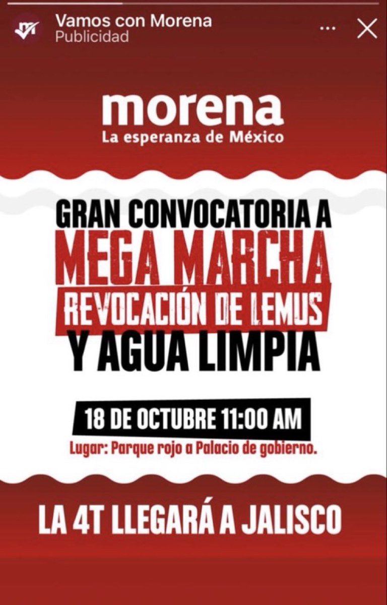 LauraBruges's tweet photo. Se deslindó Morena Jalisco de su participación de la marcha por el agua limpia 

Pero existe una pauta pagada para convocar 

En el comunicado también aseguran que fue “uso no autorizado de sus logos” 

Viendo que ya se les descontroló el show, ¿están deslindándose de sus simpatizantes? 

Tampoco pueden negar que habían diputados del oficialismo ahí.
