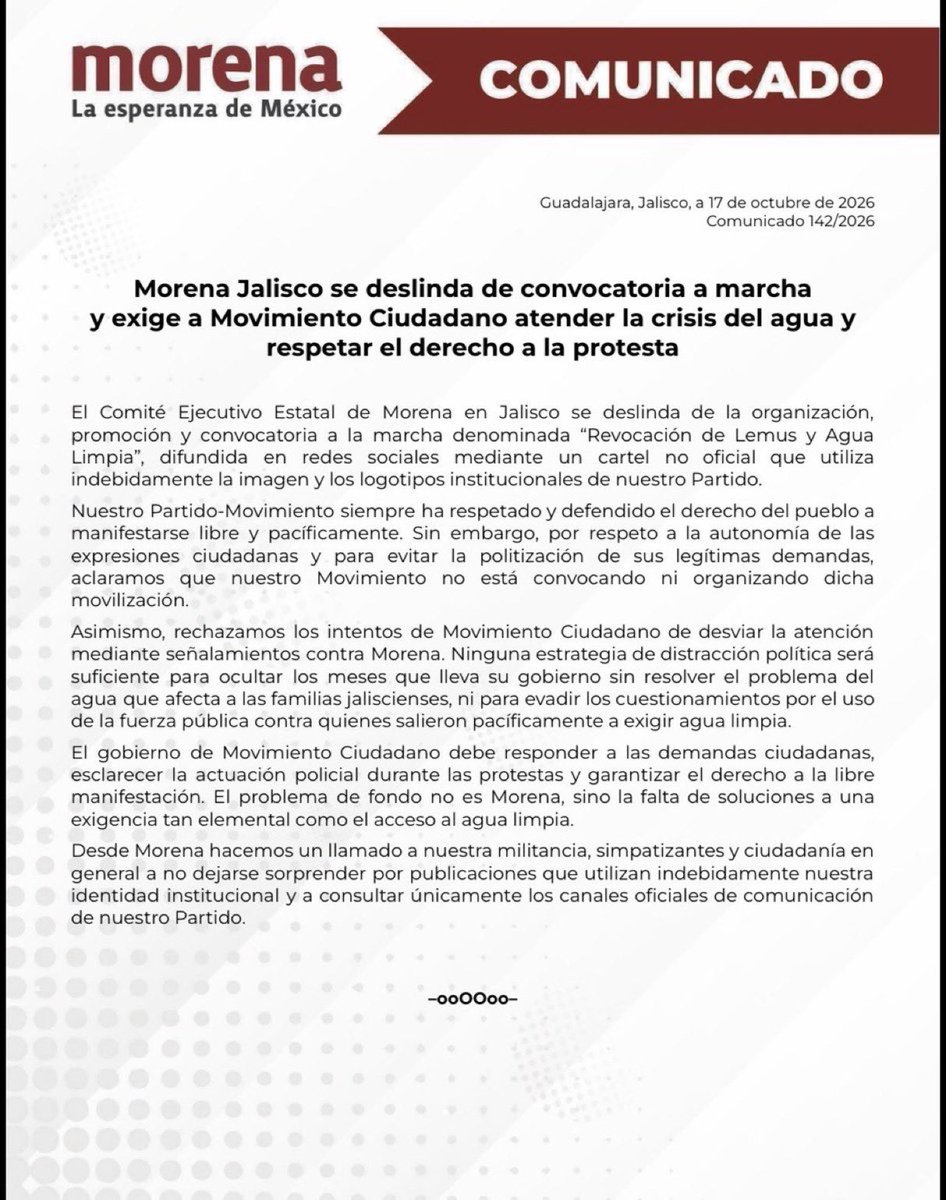 LauraBruges's tweet photo. Se deslindó Morena Jalisco de su participación de la marcha por el agua limpia 

Pero existe una pauta pagada para convocar 

En el comunicado también aseguran que fue “uso no autorizado de sus logos” 

Viendo que ya se les descontroló el show, ¿están deslindándose de sus simpatizantes? 

Tampoco pueden negar que habían diputados del oficialismo ahí.