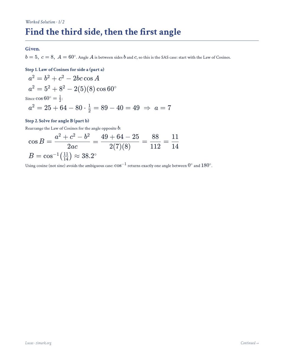 tutorhublucas's tweet photo. Precalculus · Law of Cosines

Triangle ABC: b=5, c=8, A=60°. Find a, B, C, the area &amp; the altitude from A. Swipe for steps.

Stuck? Ask a free human tutor &amp; study together on Discord:
https://t.co/DRMxsV2mGk
Lucas: https://t.co/qjYLJ04V9H
#Precalculus #HomeworkHelp https://t.co/TmNOoVMhDx