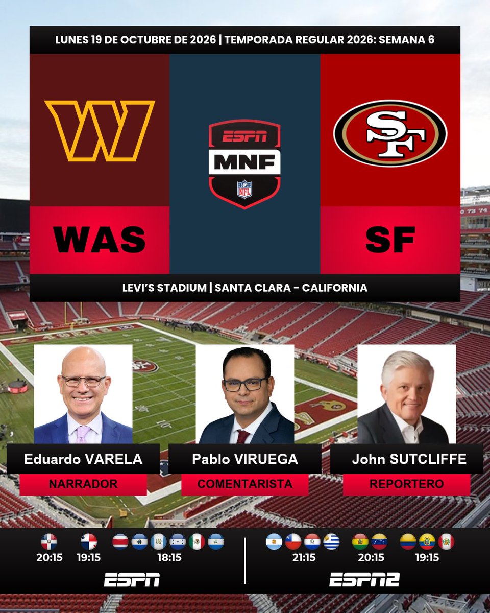 ProgramacionUS's tweet photo. 🏈 #NFL | @Commanders vs. @49ers 

🎙️Narrador: @EduardoVarelaTV 
🎙️Comentarista: @PabloViruega 
🎙️Reportero: @espnsutcliffe 
📺 #ESPN Centroamérica, 🇲🇽 y 🇩🇴 
📺 #ESPN2 Sudamérica
💻📱@disneyplusla Latinoamérica

#️⃣ #NFLxESPN - #MNF - #WASvsSF https://t.co/mi9wjaPKY3