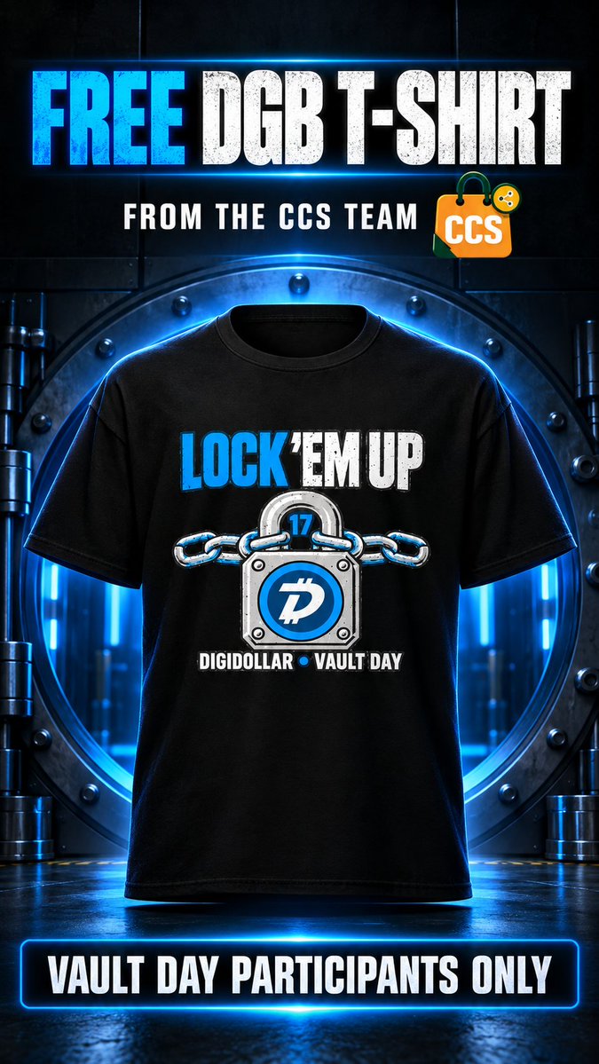 Ccsfounder's tweet photo. 🎉FREE DigiByte T-SHIRTS! 

Everyone who participated in Vault Day is eligible for a FREE T-shirt, courtesy of the Crypto Corner Shop (CCS) team!

To claim yours, simply DM me your shipping address. I'll verify your Vault Day participation through @digiscope_me.

Thank you to everyone who participated! 

$DGB #DigiByte #lockemup17