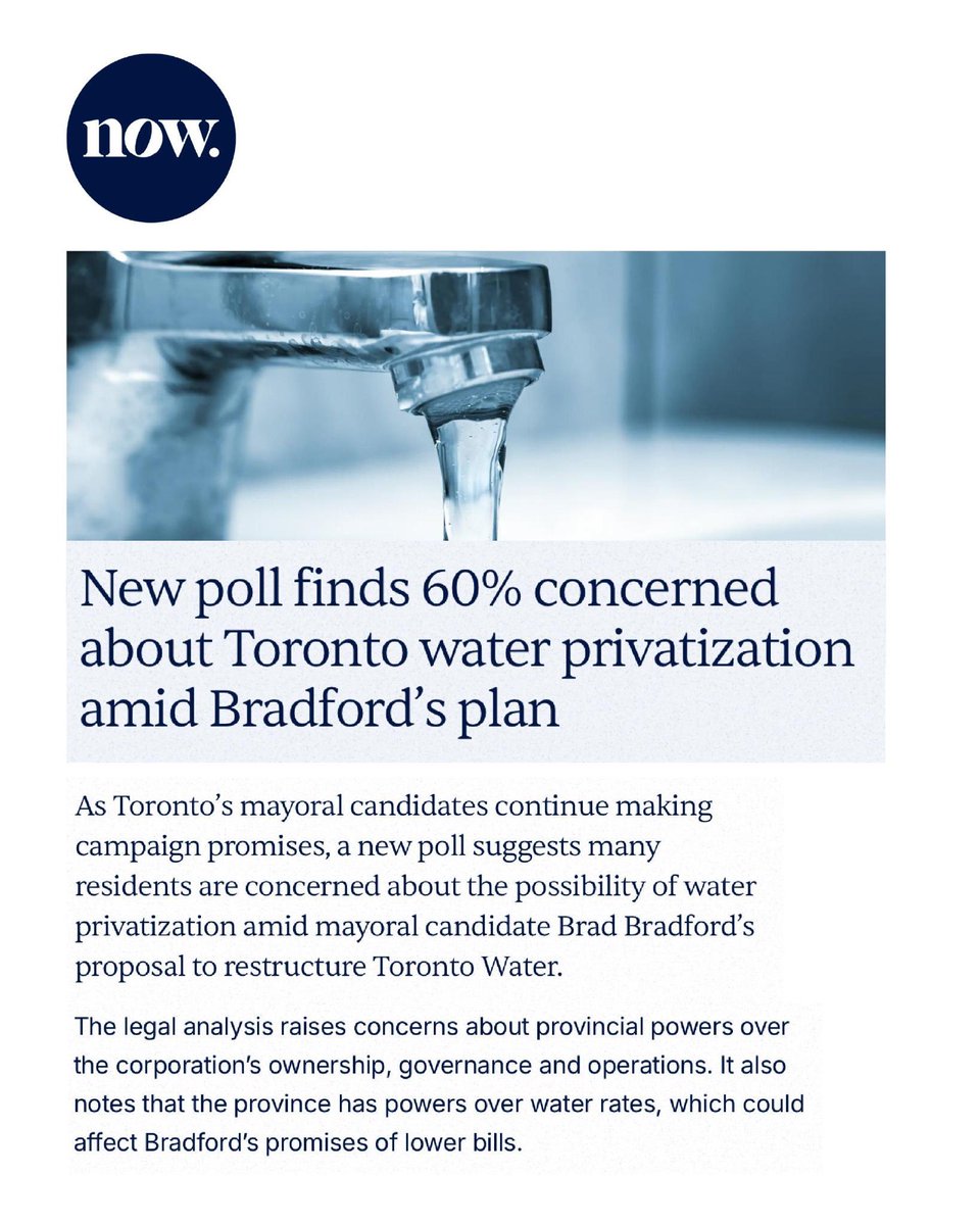 oliviachow's tweet photo. 60% of Torontonians are concerned about Brad Bradford’s plan to open our drinking water up for privatization. 

Our water should never be for sale. You'll pay the price. Higher bills. Less safety.

As your Mayor, I will protect our drinking water. https://t.co/83pBmiD4wd