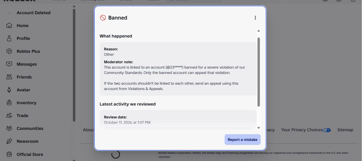 ADevilishButler's tweet photo. ❗️DAY 7 FALSE ENFORCEMENT BAN❗️
I told them none of my alt accounts are banned so how am I supposed to appeal the account if none of them are banned and they still say I violated with the rules #EnforcementBan #RobloxBan #ROBLOX https://t.co/hLFNYLV2ep