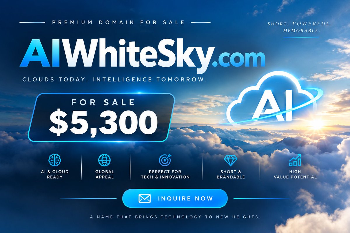 mrhasanmsaleh's tweet photo. ☁️📷 https://t.co/7RidBlD7ir
 Premium AI domain available for $5,300. 
 Perfect for AI startups, cloud platforms, SaaS, automation, and future-focused technology brands.  Own the name. 
#AI #Tech #Startup #SaaS #si #DomainInvesting #DomainsForSale #domain #Domains https://t.co/LgwS7jJAKZ