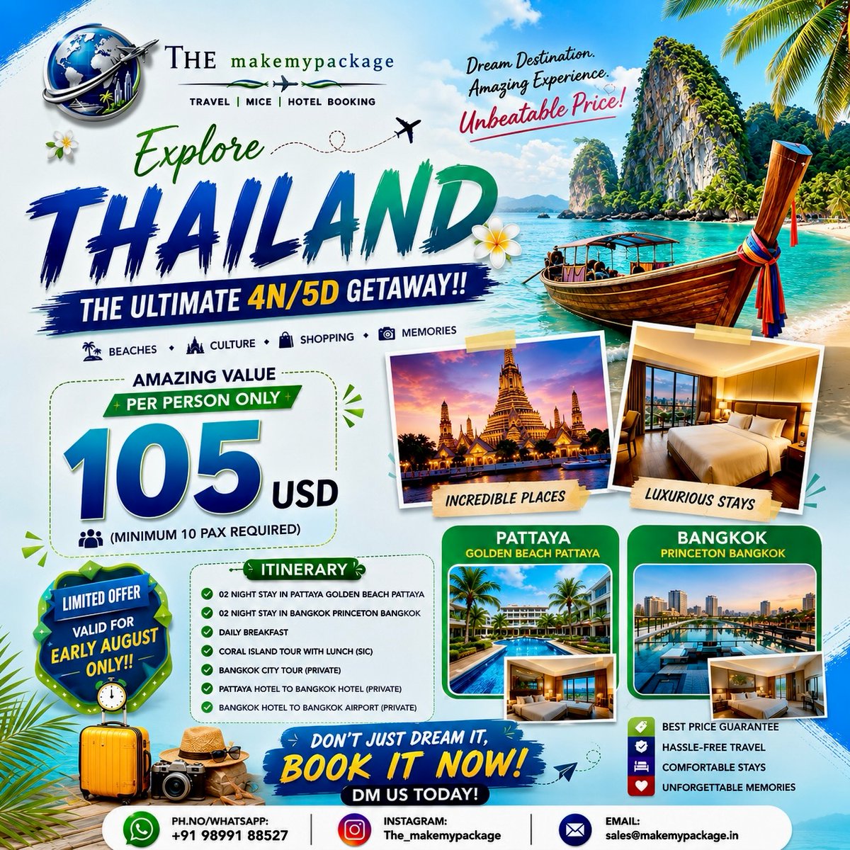 d0d33139652's tweet photo. Your Thailand dream is one booking away. Explore Phuket and Pattaya with breathtaking beaches, luxury stays, city tours, and island adventures. Limited August offer. Book now before the best deals are gone. Call +91 98991 88527 https://t.co/k27R742EIp