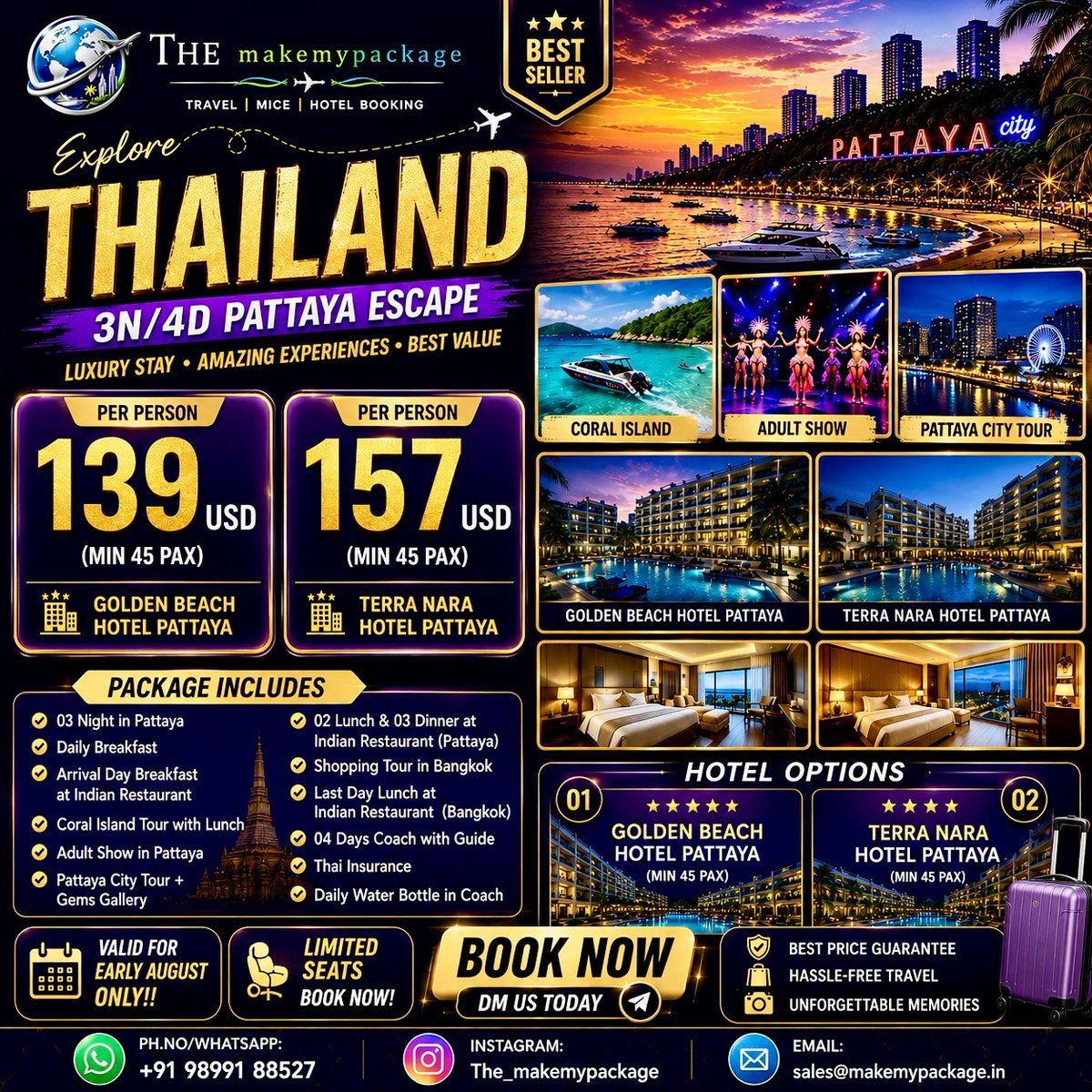 d0d33139652's tweet photo. Your Thailand dream is one booking away. Explore Phuket and Pattaya with breathtaking beaches, luxury stays, city tours, and island adventures. Limited August offer. Book now before the best deals are gone. Call +91 98991 88527 https://t.co/k27R742EIp