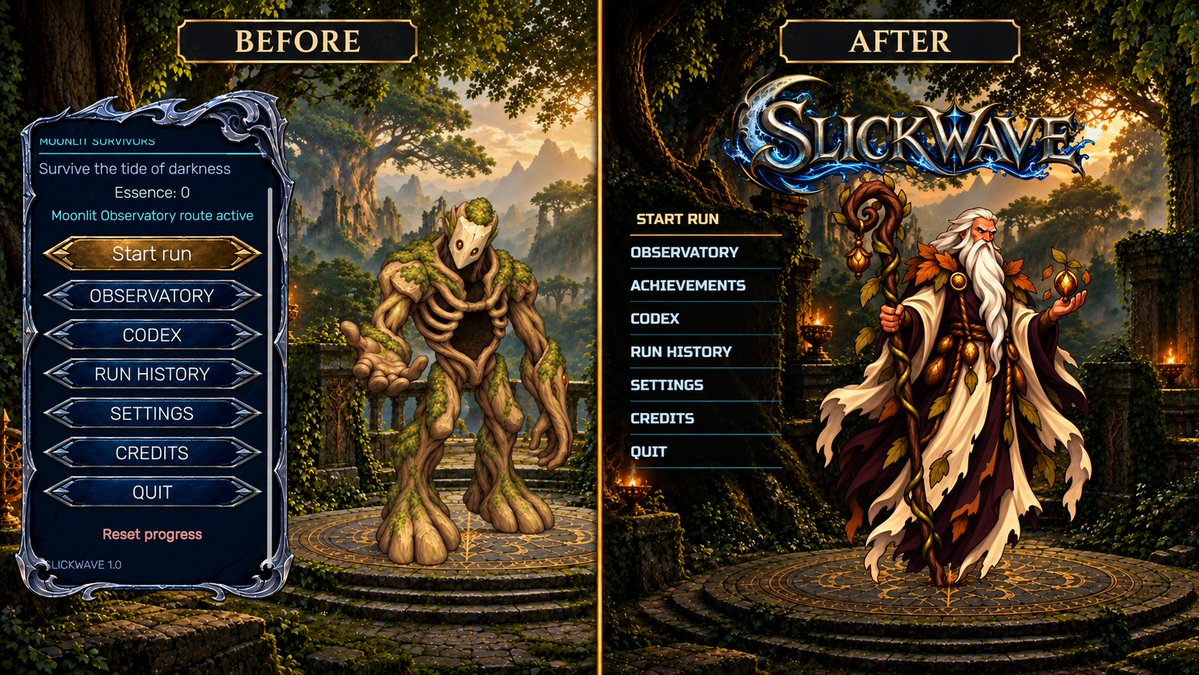 screamhigh1's tweet photo. GUI update for SLICKWAVE: a cleaner main menu and sharper run HUD keep navigation simple and combat info easy to read.

Wishlist on Steam: https://t.co/s6fvSzeWf5

#SLICKWAVE #Roguelike #IndieGame #SoloDev #GameDev https://t.co/7B2v23OcC0