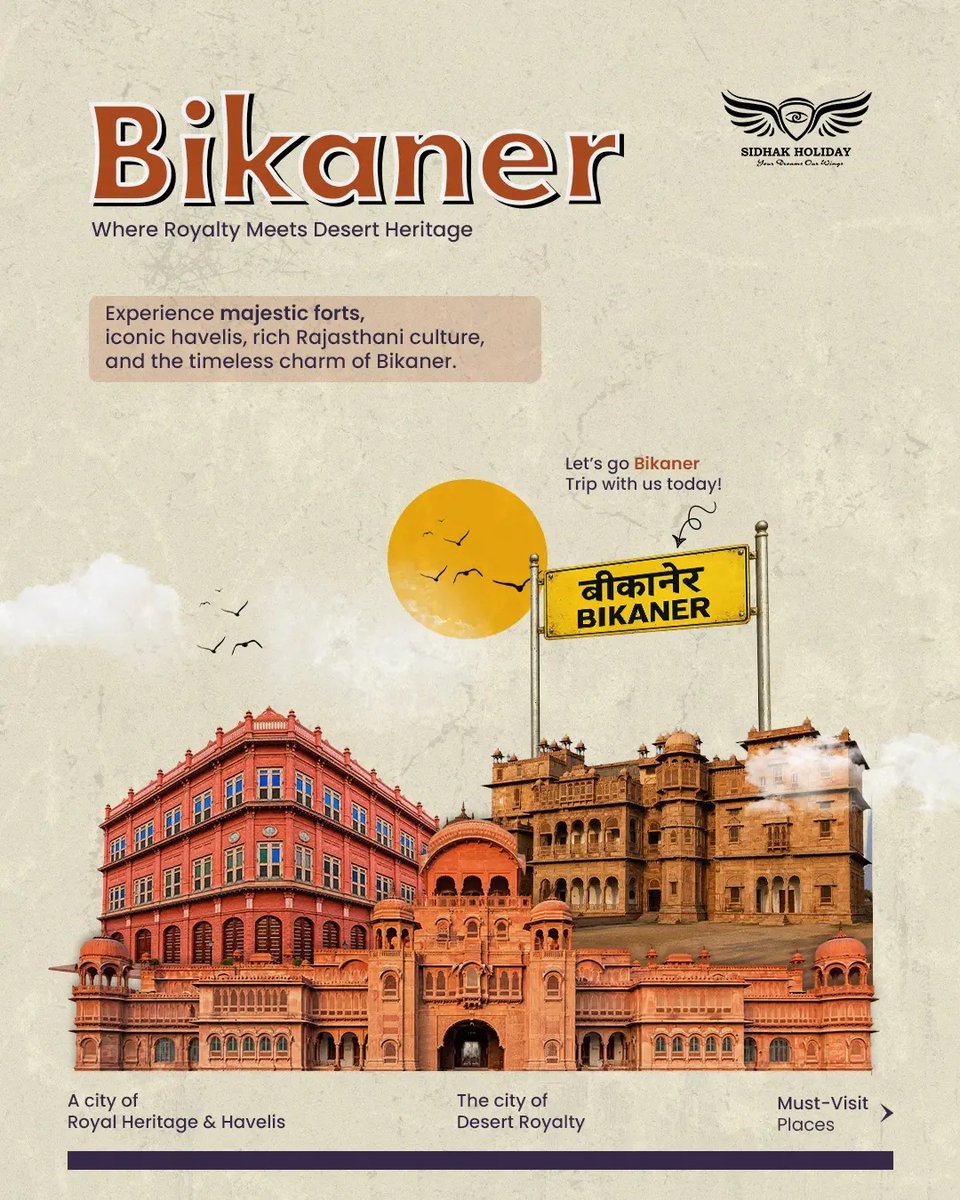 cssia147's tweet photo. Bikaner, where royal heritage meets the golden desert. Explore majestic forts, grand havelis, vibrant Rajasthani culture, and timeless desert charm in Rajasthan’s royal heart. https://t.co/lx54bmmRaw