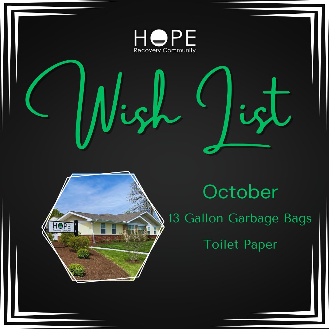 HRC_Medina's tweet photo. October Wish List! 

This month at Hope Recovery Community, we are asking for 13 gallon garbage bags &amp; toilet paper for our Wish List items! Donations can be dropped off or delivered to:

Hope Recovery Community
200 Highland Dr. 
Medina, OH 44256 https://t.co/MjHqXzqCKO