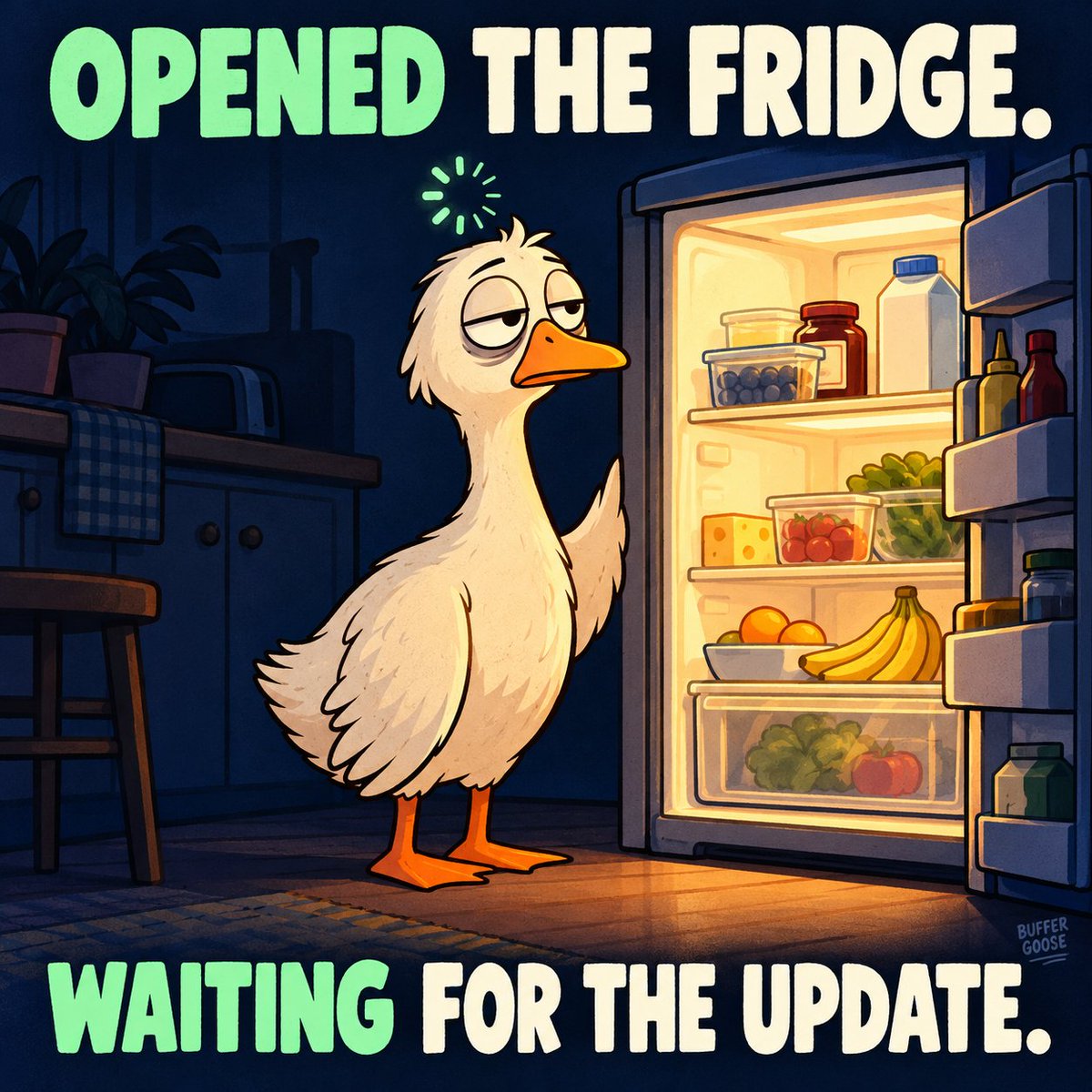 BufferGoose's tweet photo. The fridge has no patch notes. 🪿 $BUFGO https://t.co/CD5KiRIRPo