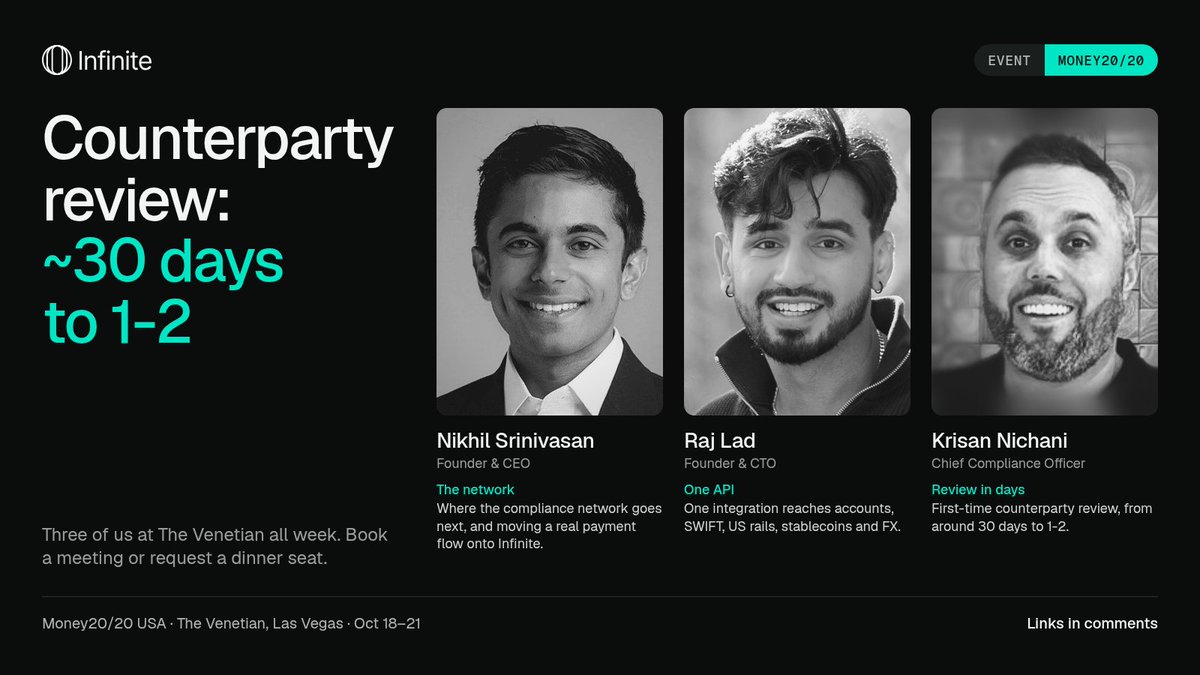 nvs's tweet photo. In Vegas for @money2020 through Wednesday with @rajlad_ and Krisan

If you're around and want to talk about faster global payments or attend our annual @infinite dinner, check out the links below: https://t.co/MjrxRiuLZN