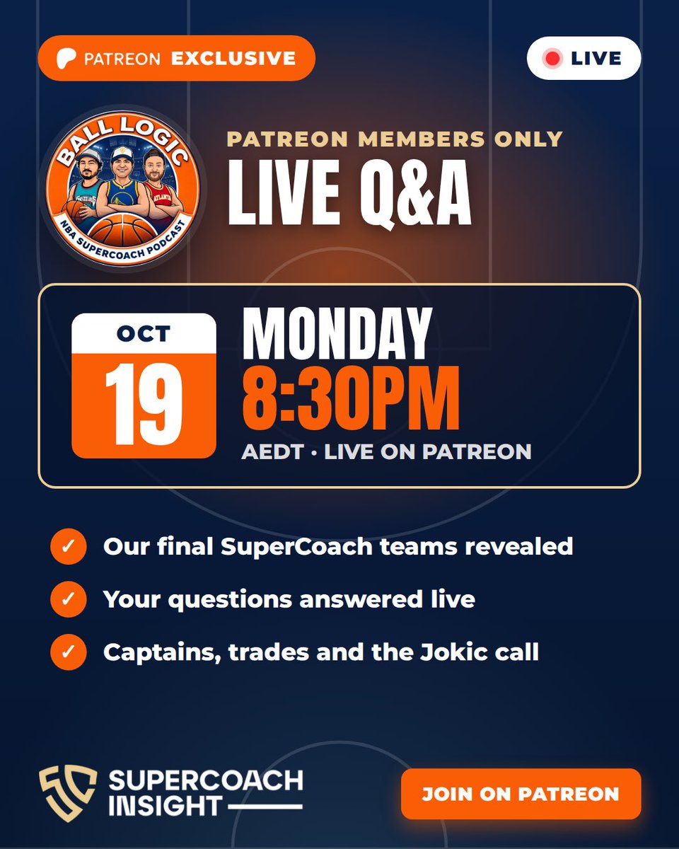 BallLogicNBA's tweet photo. Only 48 hours left until the #NBASupercoach season tips off - @TheSCBrain, @SCHorse_ and @SC_Mattrix are live to reveal our final teams &amp; answer all their subscribers questions, tonight 8:30pm! 

🔗 You can join us via the link below! 🫱🏽‍🫲🏼 https://t.co/7uEvjVRggA