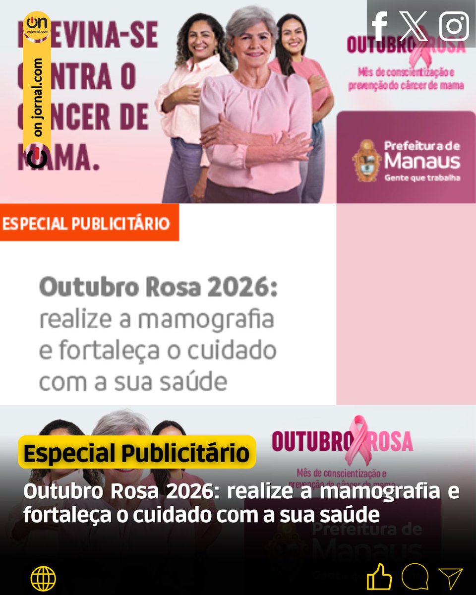 Onjornal1's tweet photo. Cuidar da #saúde é um compromisso que merece atenção durante todo o ano. E, neste #OutubroRosa 2026, a #PrefeituradeManaus faz um convite especial às mulheres: não deixe a #mamografia para depois.
Acesse:
https://t.co/tn6LiCGTEx https://t.co/ciXrhUgUqC