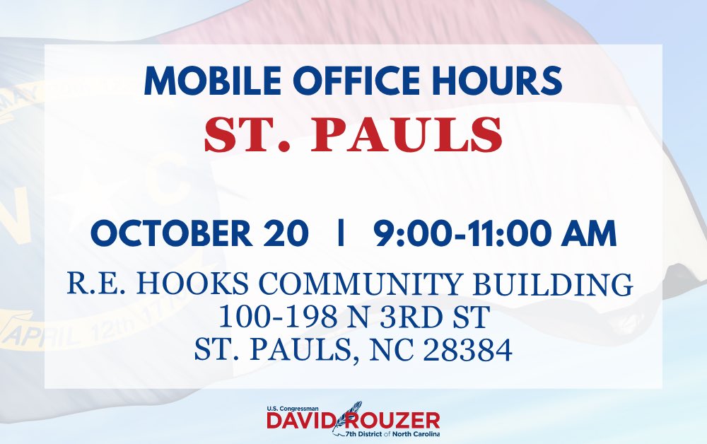 A political event flyer with a pale, flag-themed background and a white text panel. It advertises mobile office hours in St. Pauls and includes the congressman’s name and district branding.