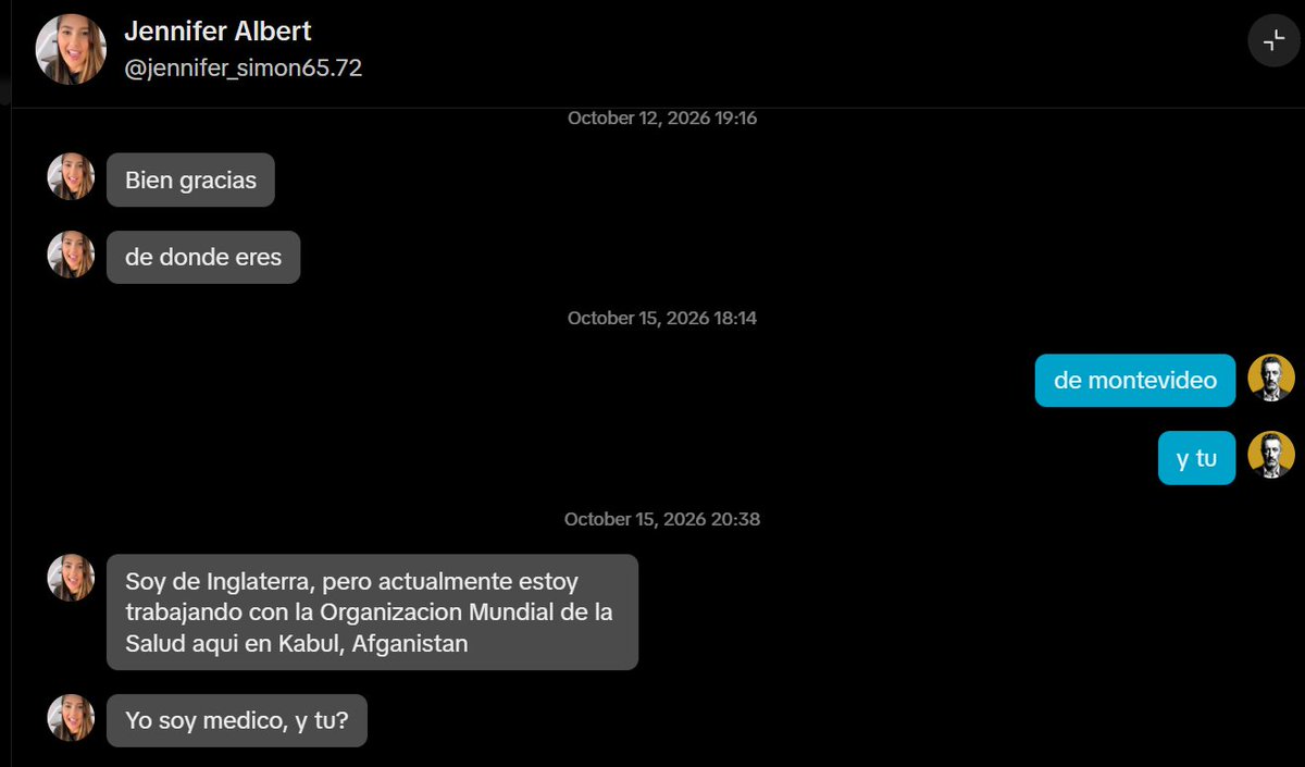 ADanielHill's tweet photo. Romance Scammer on @tiktok, 100 out of 100 score...
haha, yes Alberto, keep dreaming, there are real people and real connections that can be established here... "Nobody is real..." Alberto... focus kiddo. https://t.co/S1BA7bCW5w