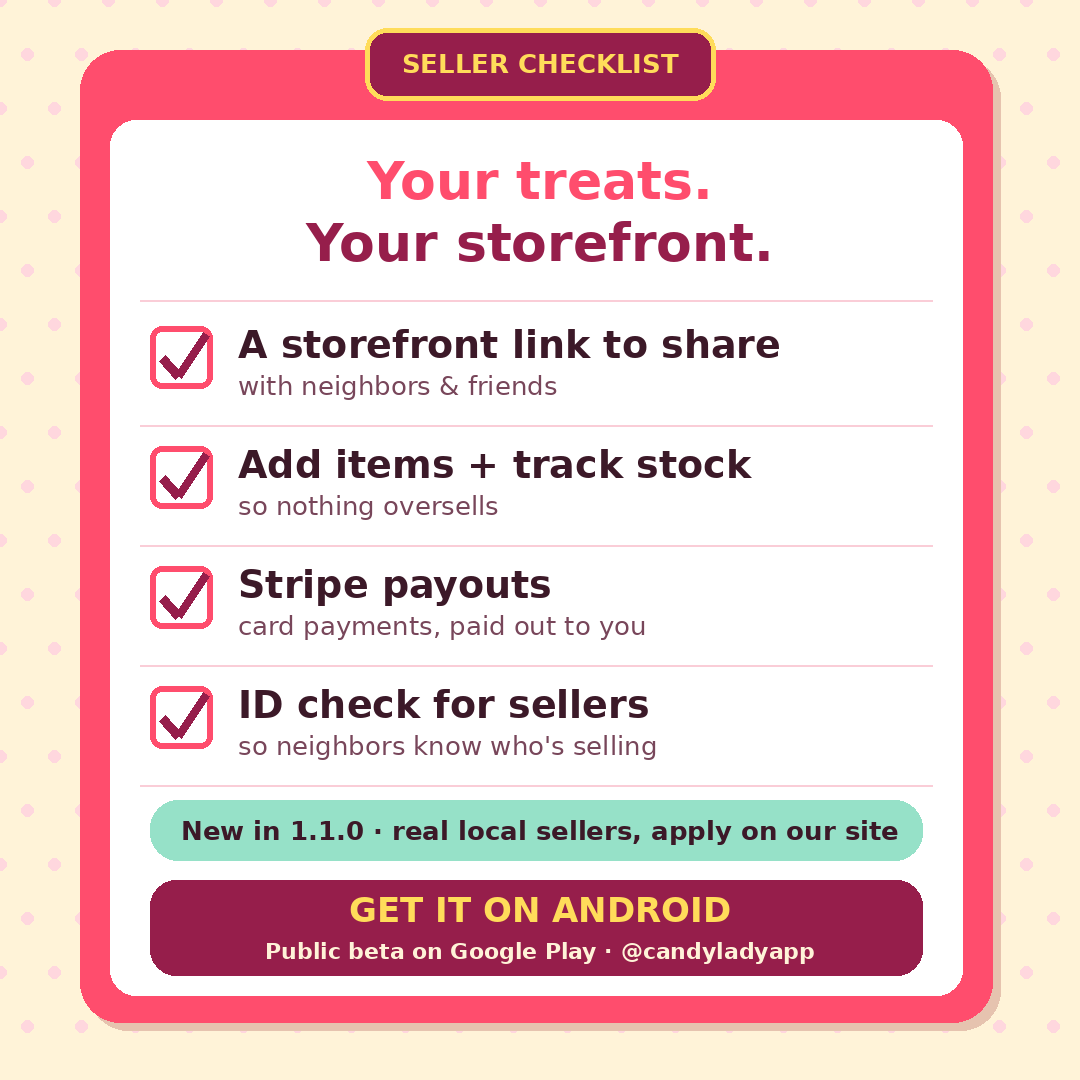Candyladyapp's tweet photo. Sell candy or snacks in South Jersey? 🍭 The Candy Lady 1.1.0: storefront link, items + stock, Stripe payouts, ID check.
Get it on Android (public beta): https://t.co/IoIGbh4l9t
#TheCandyLady #CherryHill https://t.co/zBBFiYU8Nn