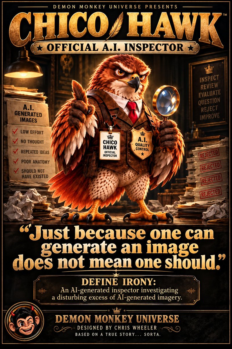 Facelessman1969's tweet photo. ๐ฆ
๐ง CHICO HAWK โ OFFICIAL A.I. INSPECTOR
Chico Hawk has officially had enough of thoughtless AI-generated imagery! And the irony? He's AI-generated himself! ๐คฃ
#DemonMonkeyUniverse #ChicoHawk #AIInspector #DefineIrony #AIArt https://t.co/WQoPLxzv4m