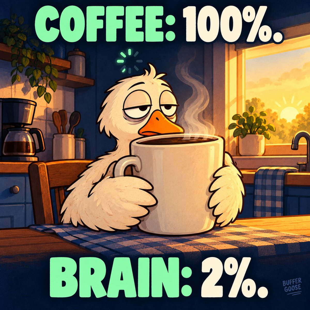BufferGoose's tweet photo. The coffee finished loading. The goose did not. 🪿 $BUFGO https://t.co/tbVZxWf5Hz