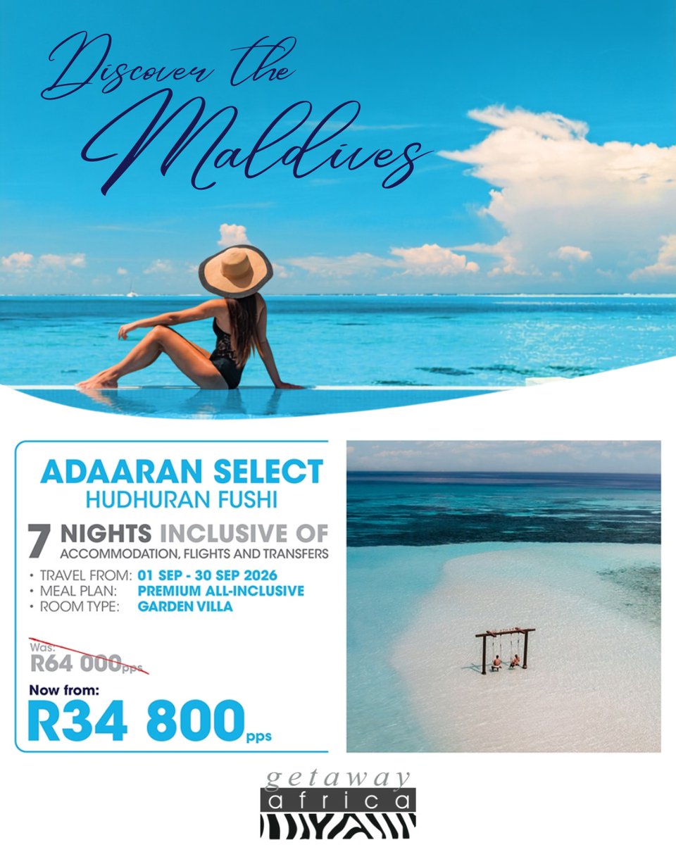 HeimarLanena's tweet photo. Slow down in the Maldives this September. Enjoy 7 nights at Adaaran Select Hudhuran Fushi from R34, 800 per person sharing, including flights, transfers, Premium All-Inclusive dining, watersports, entertainment, taxes and levies. T&amp;Cs apply. https://t.co/aXW57m8f7t