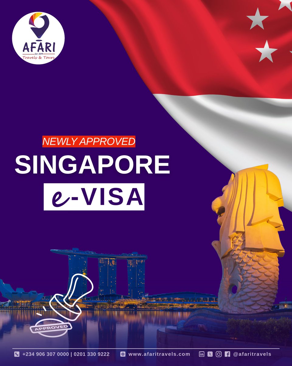 afaritravels's tweet photo. Another Singapore visa approval for our client! 🇸🇬✅ 

Ready to make Singapore your next destination? Let’s get your visa application started.

DM for visa requirements and application guidance.

#AfariTravels #Singapore #Visa #VisaApproved #TravelService #Travel https://t.co/LCrUDGw0QG