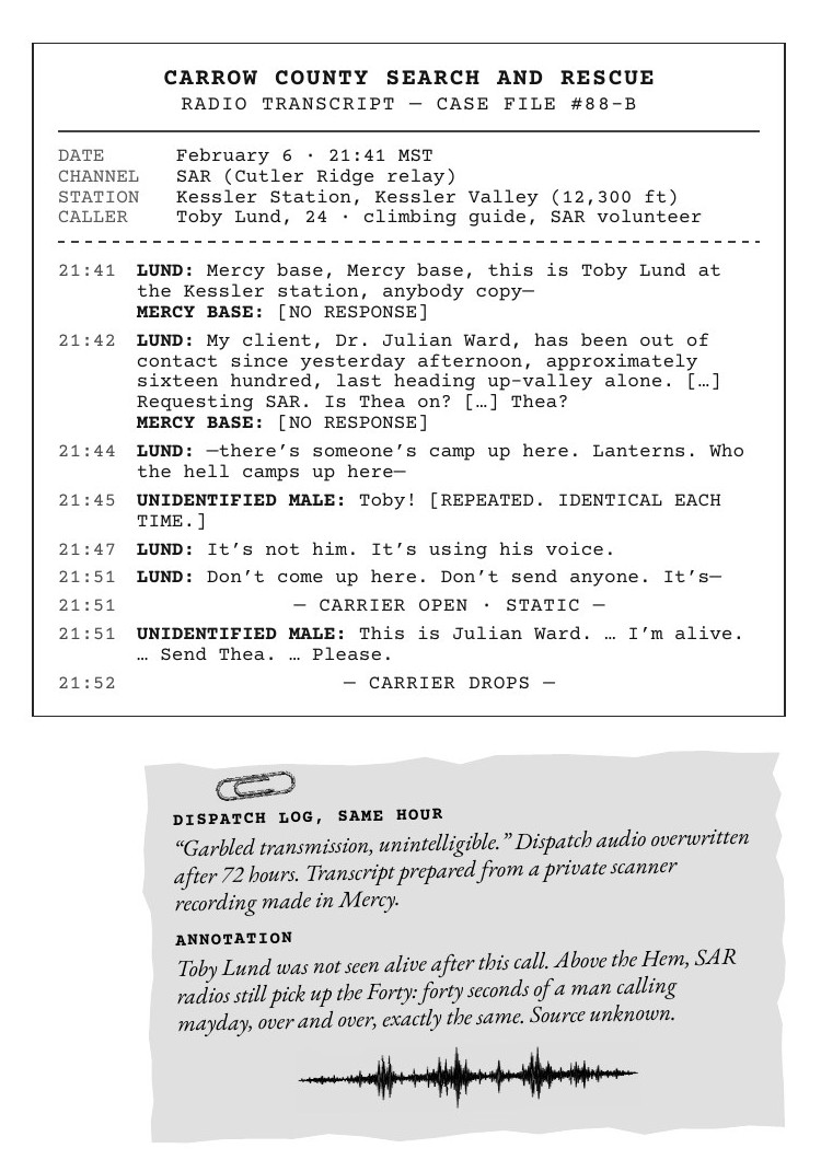 ValicePress's tweet photo. The first page of Black Ridge is a radio transcript.

The caller was never seen alive again. 📻❄️ 🧵 https://t.co/OARIbKwuUL