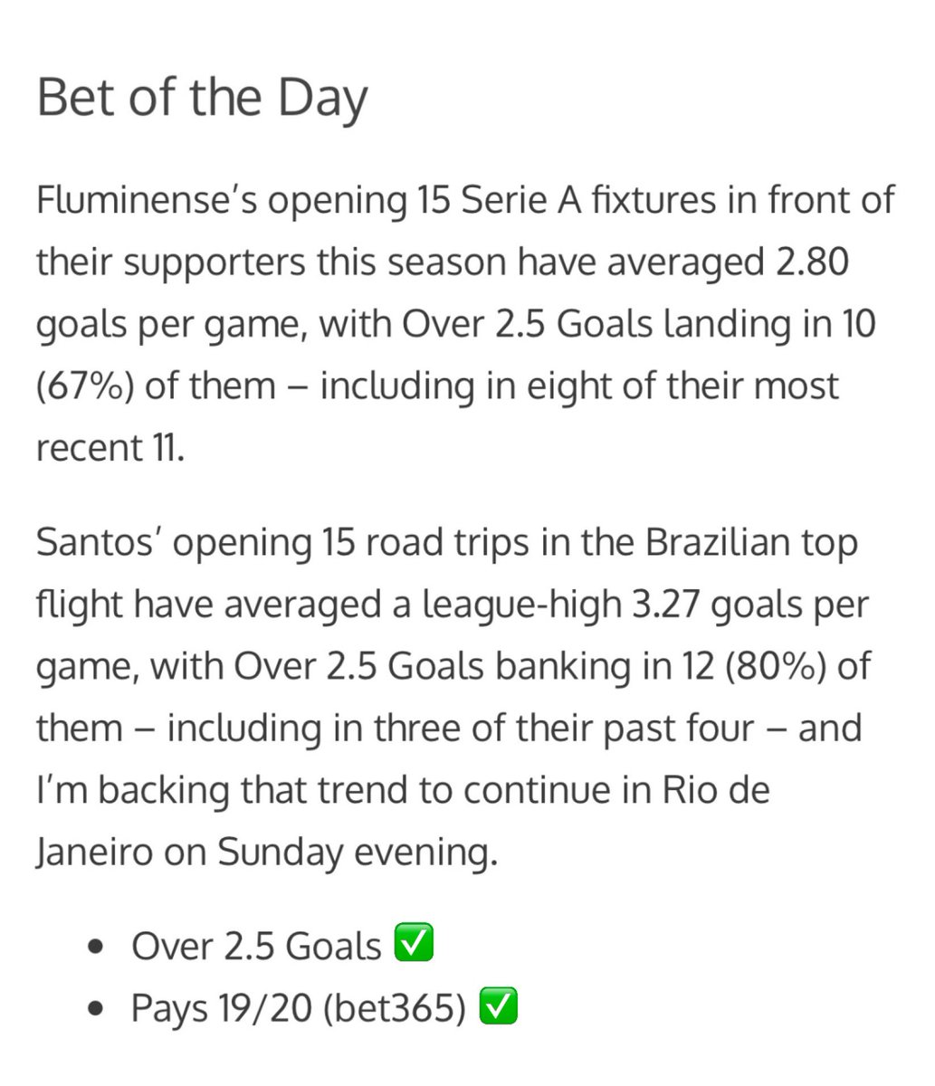 GregMacLean_'s tweet photo. ⚽️ Fluminense vs Santos - Over 2.5 Goals (1-2 ⚽️, 54 mins)
🔵 Pays 19/20 ✅

Good Sunday rounded off as this one cruises in 10 minutes into the second half 👌🏼💷 https://t.co/tW9k34VGjL