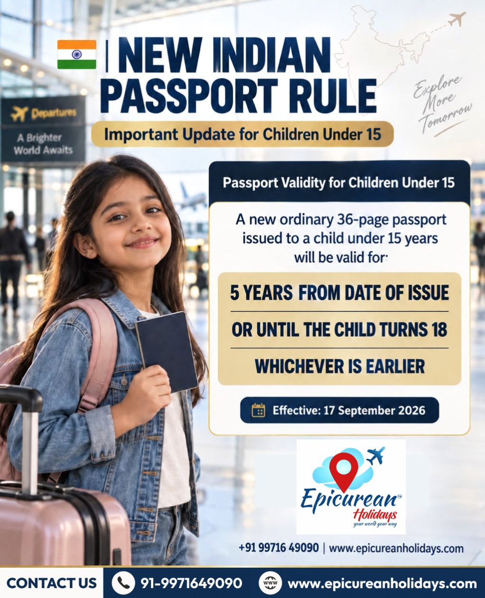 PaloSilva236's tweet photo. Indian passport update for children under 15: A child’s ordinary passport is valid for 5 years from issue or until they turn 18, whichever is earlier. Ensure your child has a separate, valid passport before planning international travel. https://t.co/i2Bd0Fv7Qj