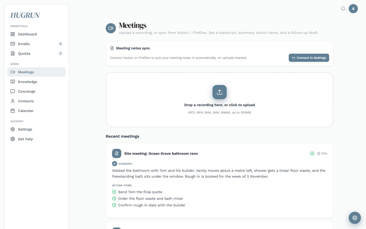 hugrun_ai's tweet photo. Your new assistant, at a glance:

Drafts every reply, in your voice
Turns quote requests into quotes (Pro)
Summarises meetings, with action items (Pro)
Sends a Daily Rundown each morning (Pro)

Every draft waits for you. Start free for 7 days: https://t.co/vkLtsfoOOc https://t.co/qlavM5ApXi