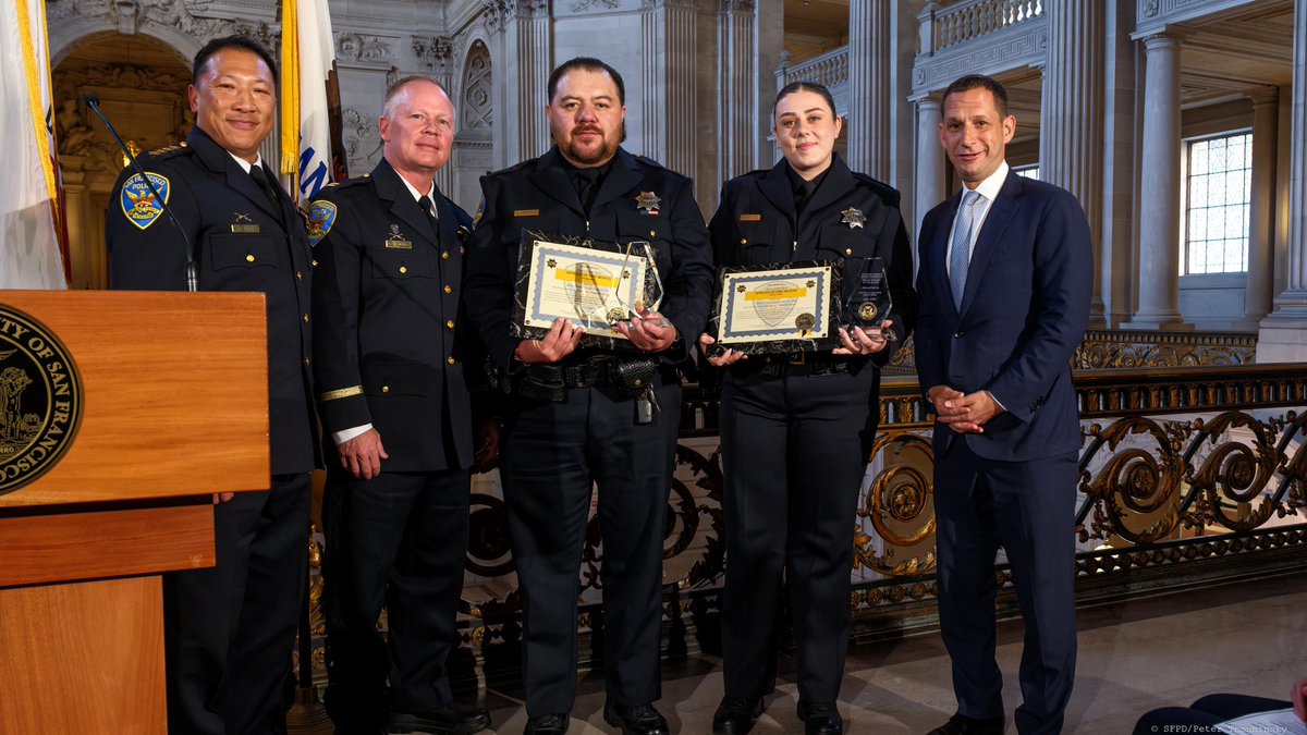 SFPD's tweet photo. SFPD Officers Orantes and Mullee of @SFPDIngleside were honored at our recent Officer of the Month Awards Ceremony for their work in apprehending a burglary suspect following a brief pursuit through city streets and recovering more than $100,000.

We’re proud to recognize their work and dedication to keeping SF safe.